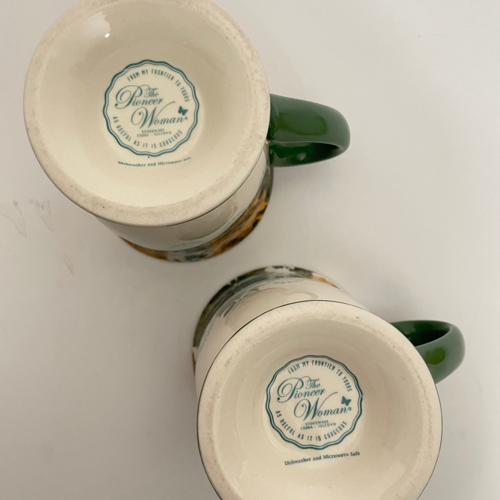 2 Authentic The Pioneer Woman Rose Shadow 18-Ounce Footed Latte Mug White Green - Picture 7 of 9